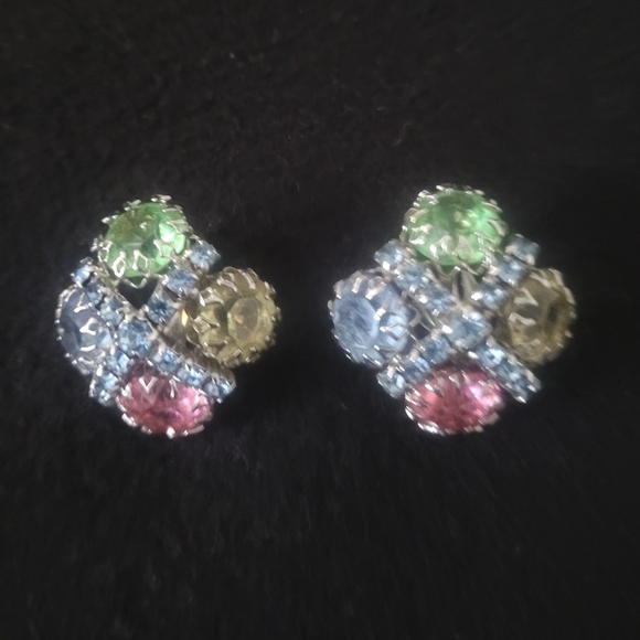 Vtg Multicolor Rhinestones Silver Tone Clip On Earrings By Gale - Picture 8 of 8